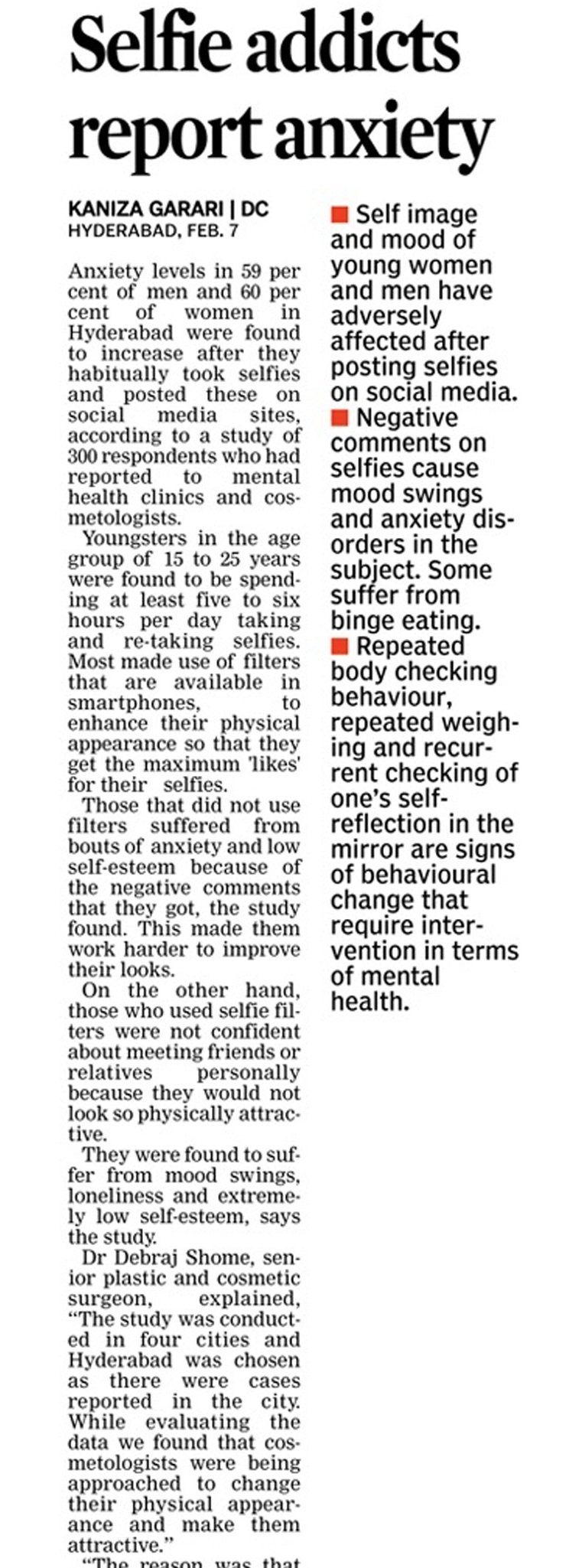 Hyderabad : Selfie Addicts Report Anxiety - Deccan Chronicle